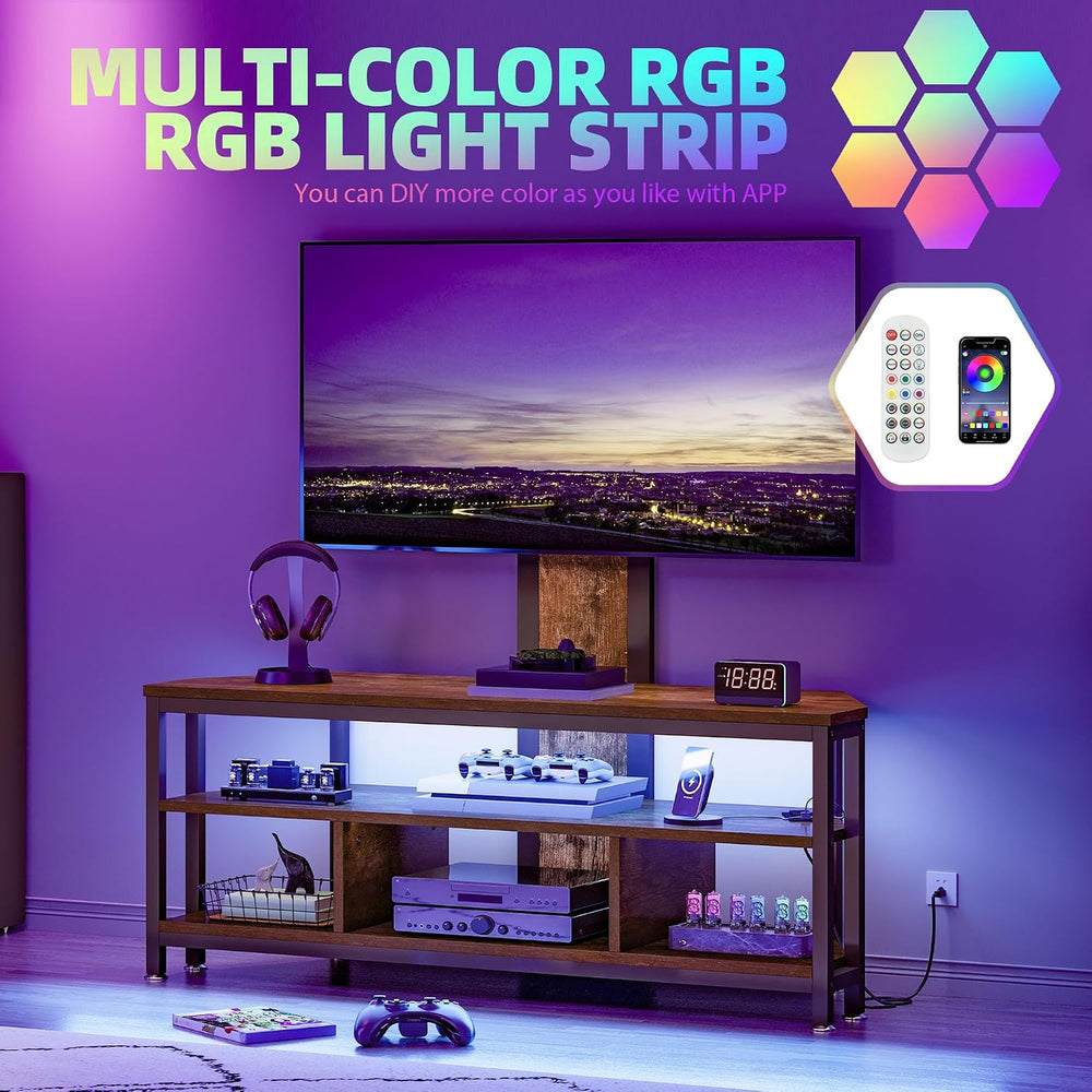 DWVO Corner TV Stand with Mount & LED, Height Adjustable, Rustic Brown | ...