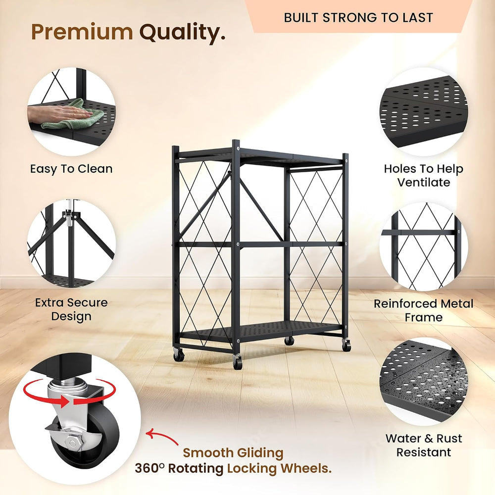 3-Tier Foldable Storage Shelf with Wheels | Metal Rack Collapsible Shelving D...