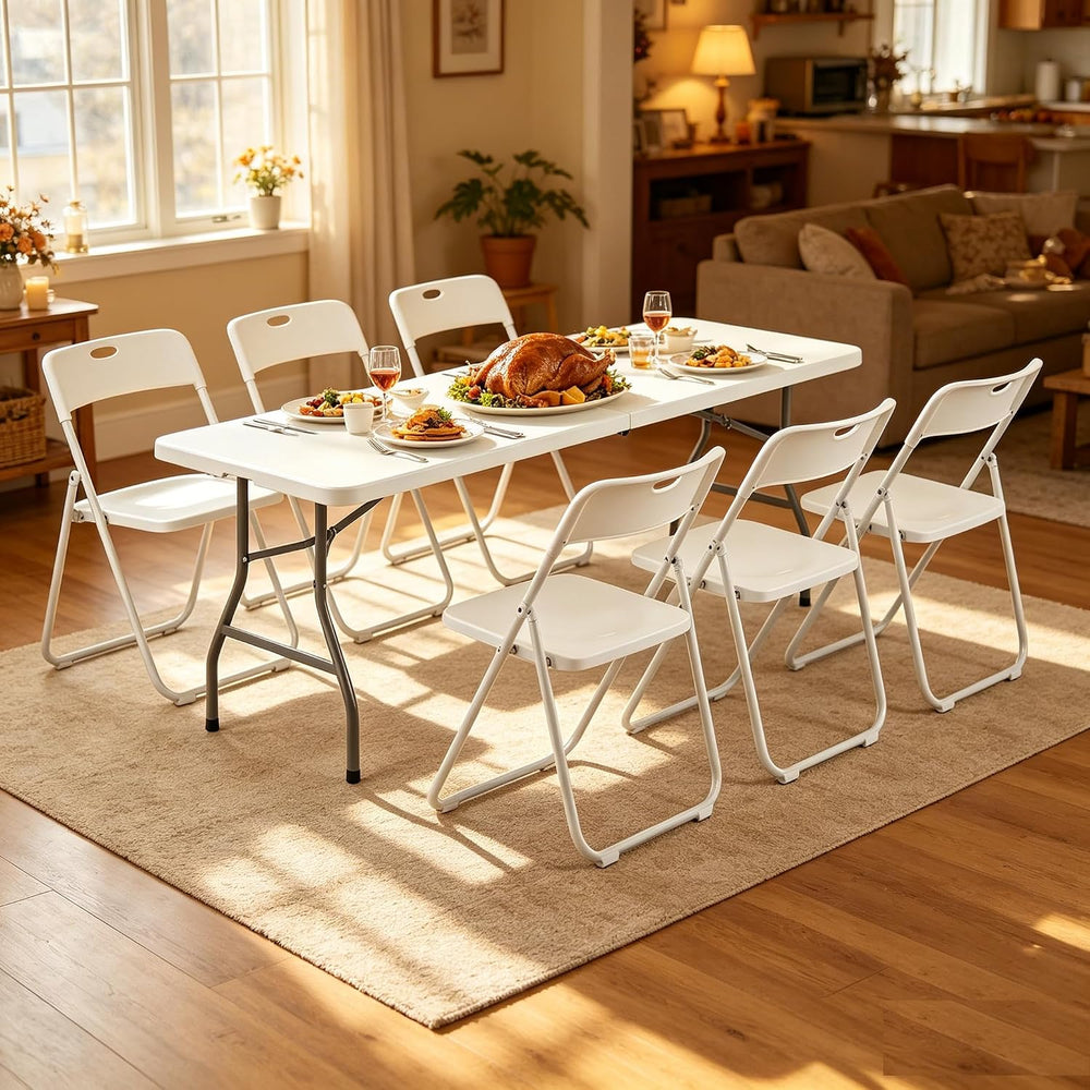 8 FT Plastic Folding Table Chairs Set, 7-Piece Portable Foldable Table and Ch...