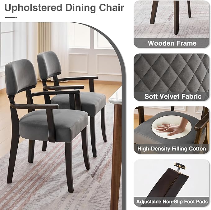 Velvet Dining Chairs with Arms, Upholstered Dining Room Chairs with Hardwood ...
