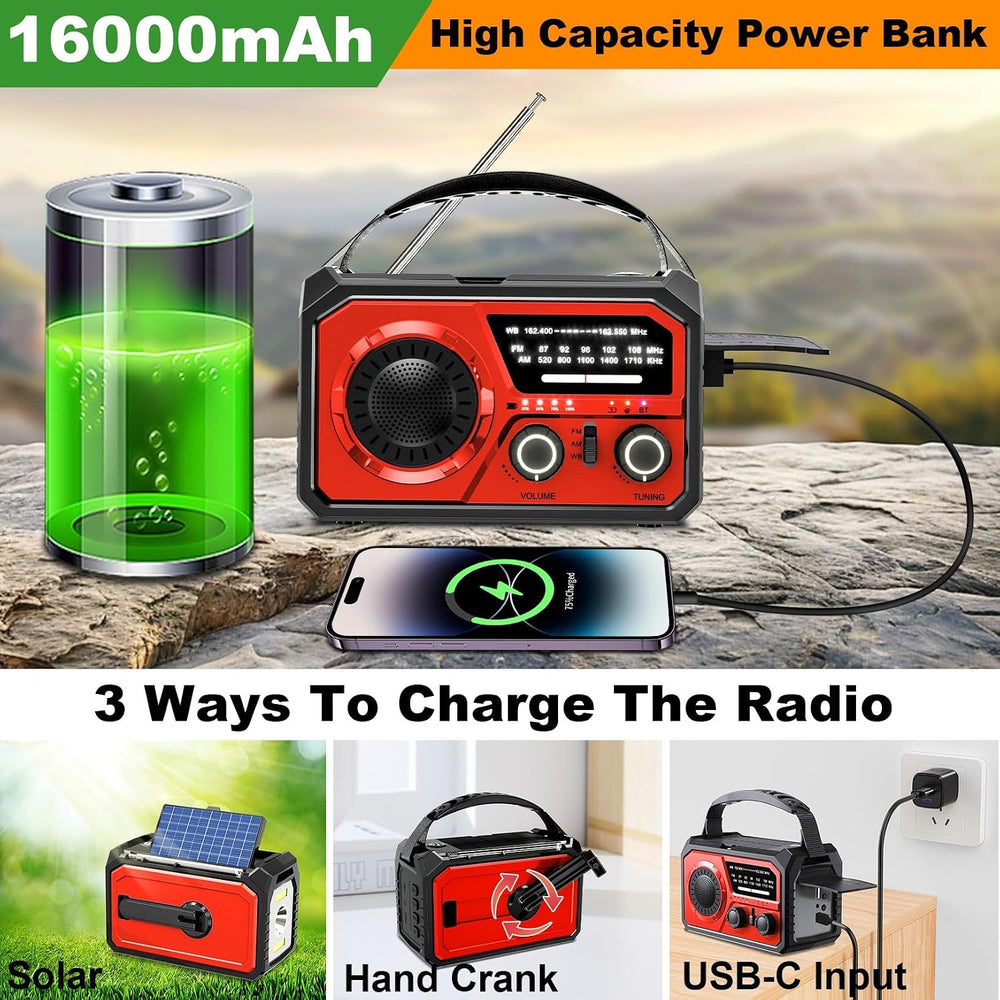 16000mAh Emergency Radio with Wireless Speaker, NOAA Solar Hand Crank Radio