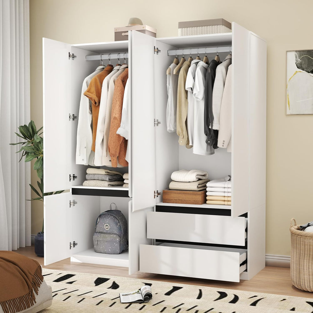 Wardrobe Closet with 4 Doors: 75" White Armoire with 2 Drawers, Wooden W...