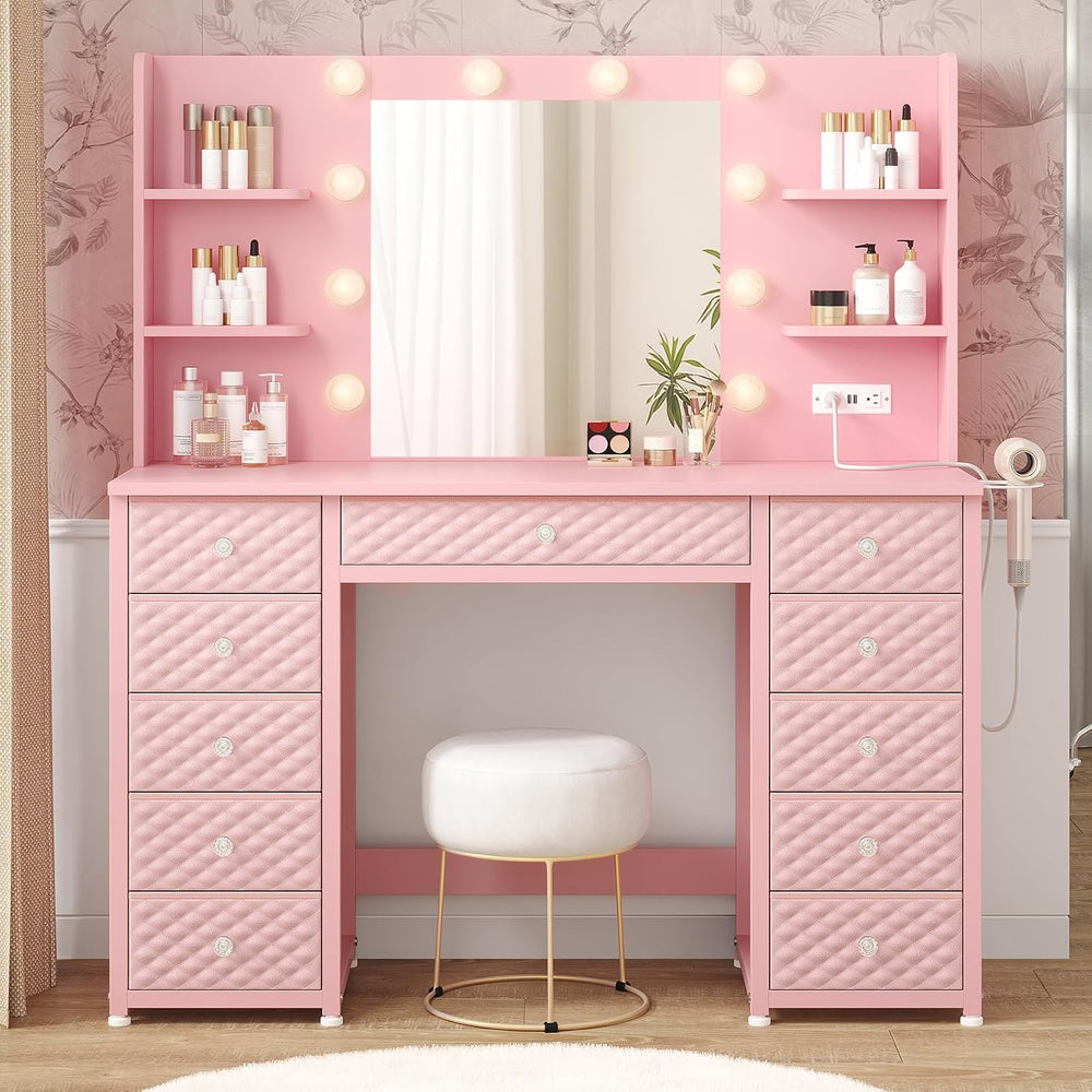 Pink Vanity Desk with Mirror and Lights, 11 Drawers, 43.3", Power Strip ...