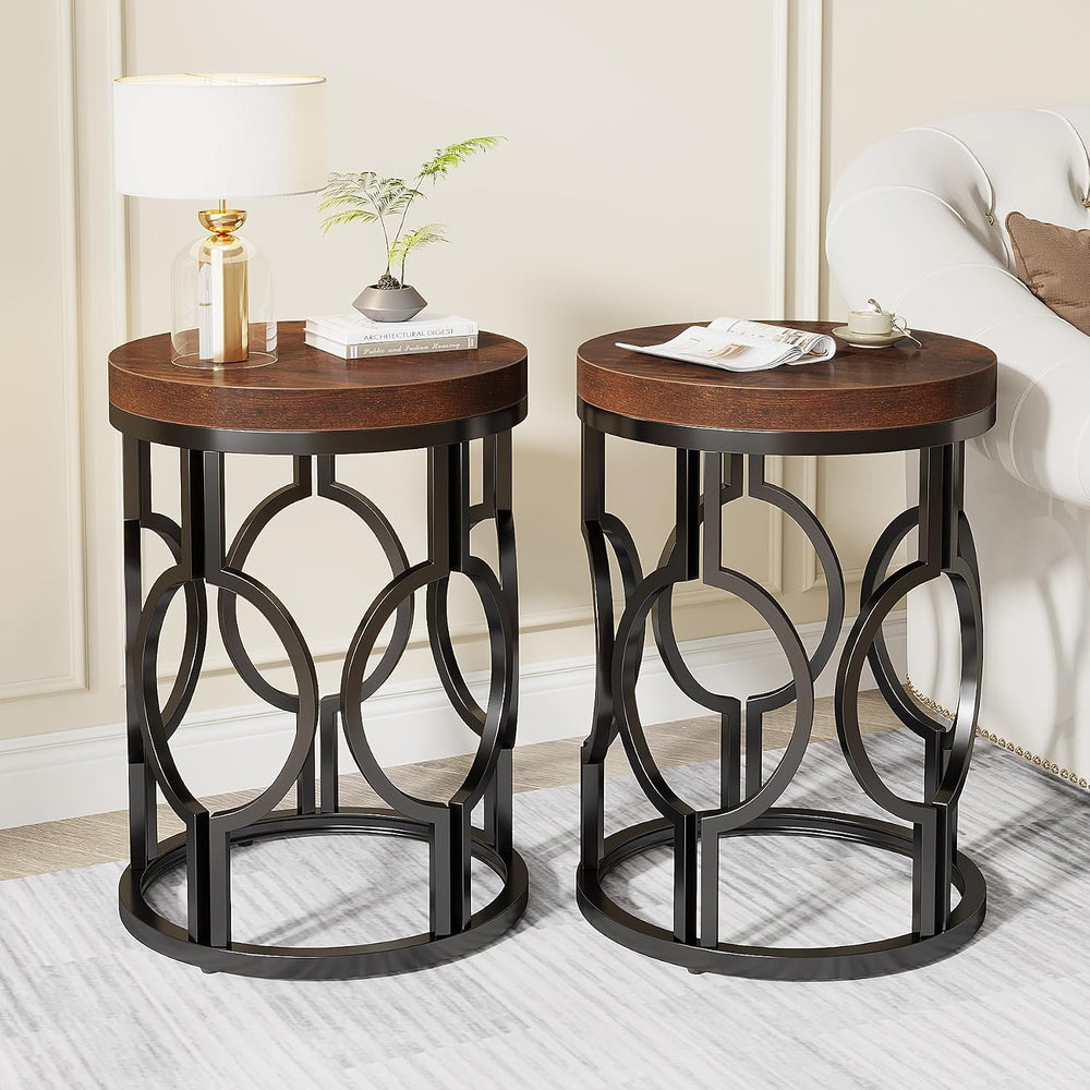 Tribesigns Round End Table Set of 2, Industrial Side Table with Metal Hollow ...