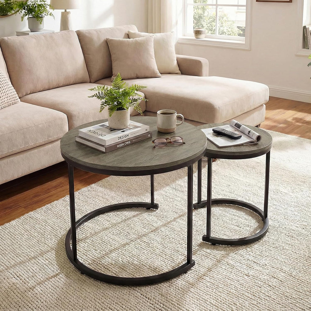 GOFLAME Nesting Coffee Tables Set of 2, Stacking Round Center Table with Wood...