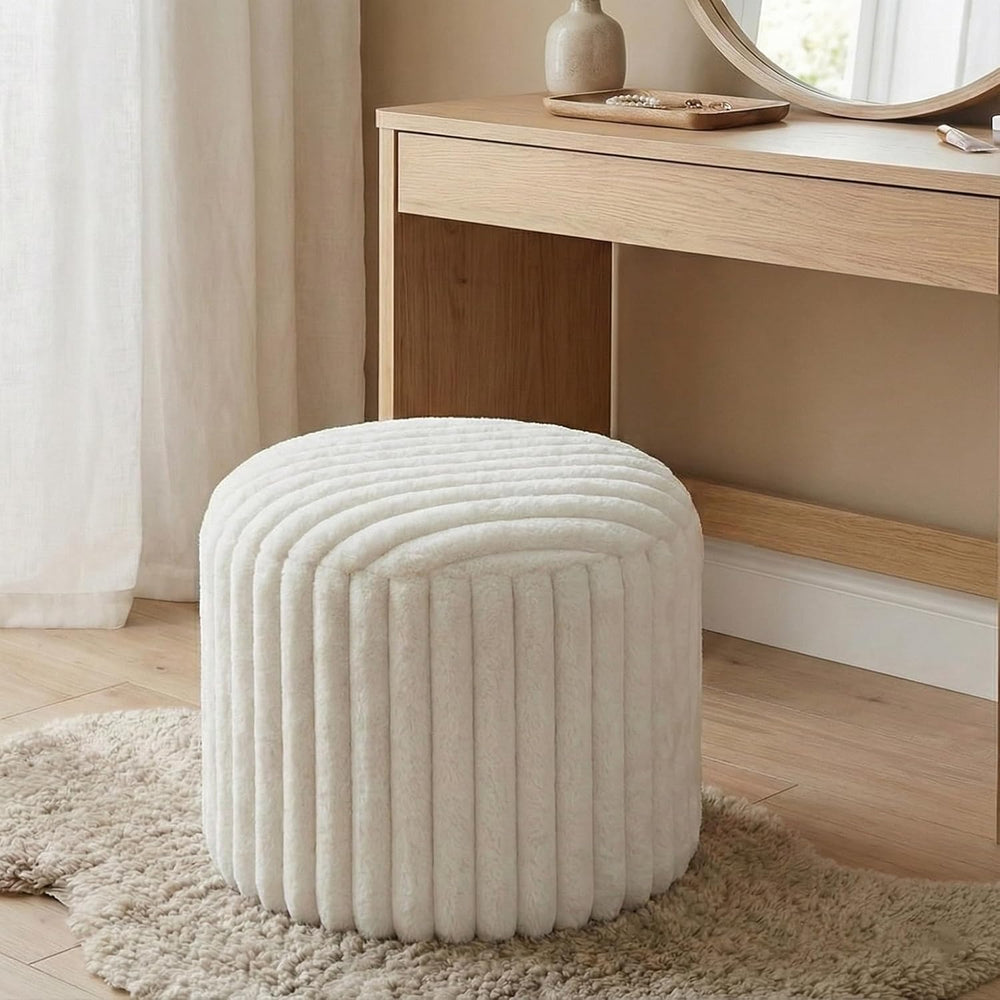 Round Stuffed Pouf Ottoman, Stripe Faux Fur Footrest, Solid Block Support+Sof...