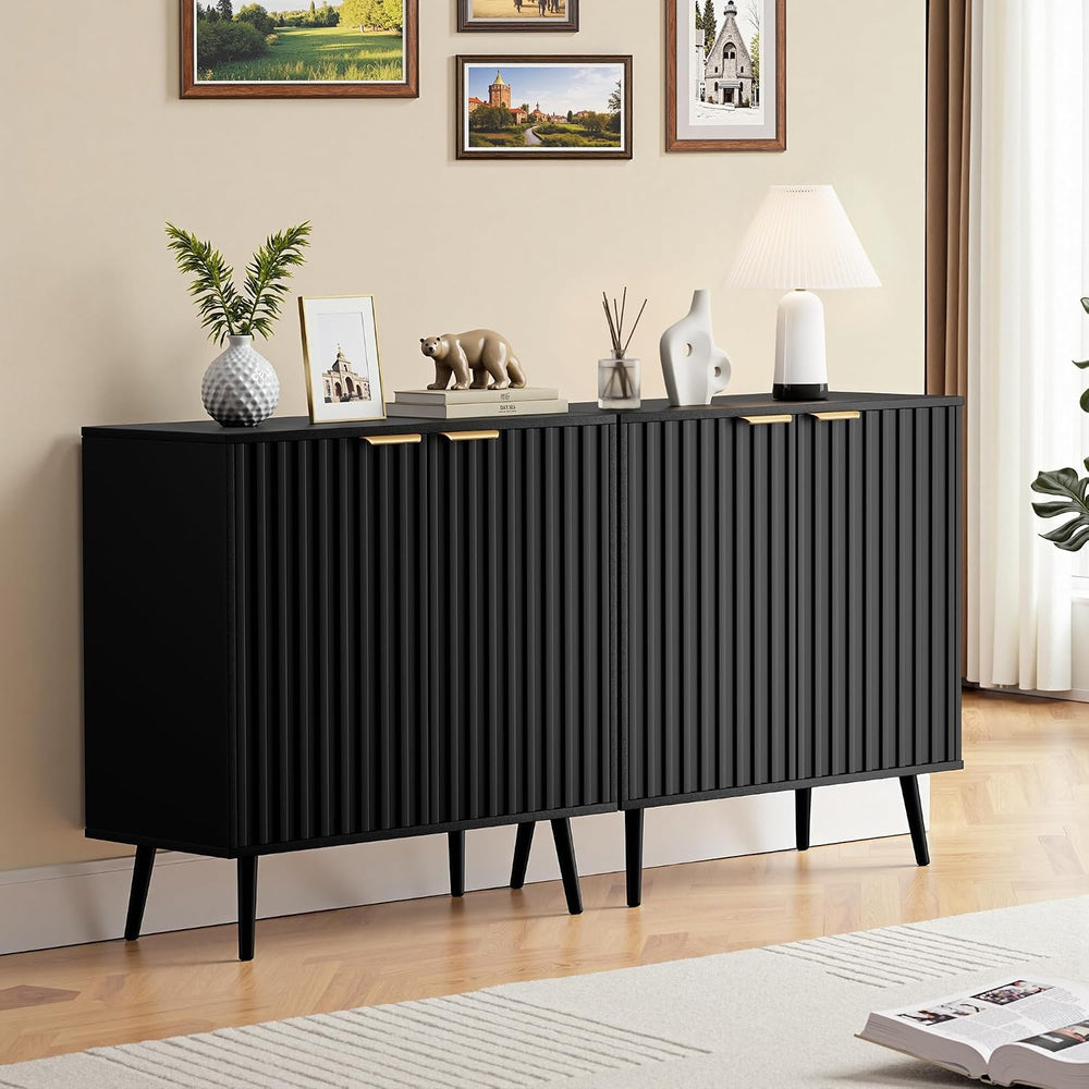 Fluted Storage Cabinet, Buffet Cabinet with Storage, Wood Sideboard with Adju...