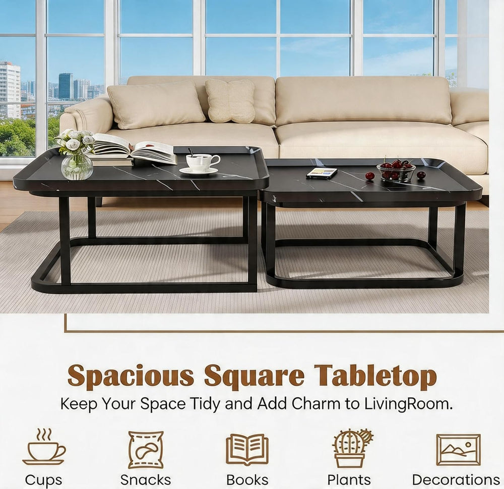 Set of2 Nesting Coffee Tables, Space‑Saving Side Table Set,Black | Stackable ...