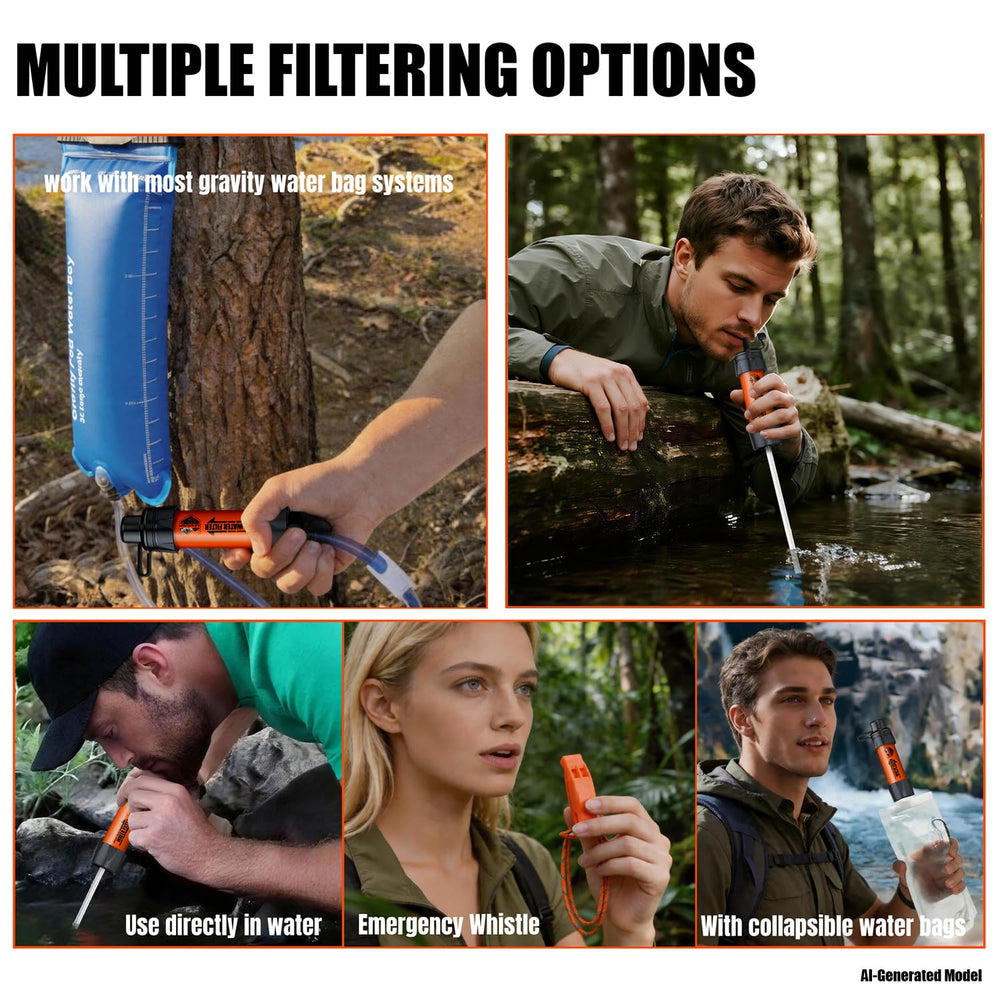 3-Pack Water Filter Straw with Survival Whistle Kit