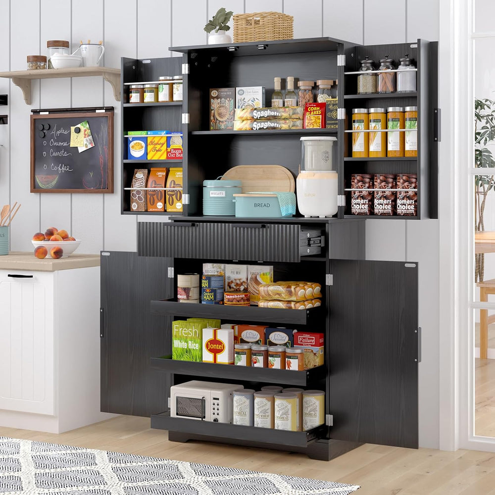 72” Kitchen Pantry Cabinet, Fluted Kitchen Cupboard with Doors and Large Draw...