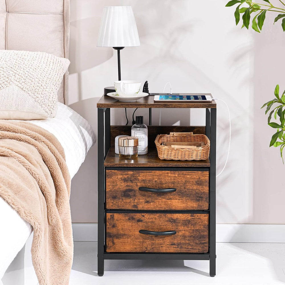 Yoobure Nightstand with Charging Station, Small Night Stand with Fabric Drawe...