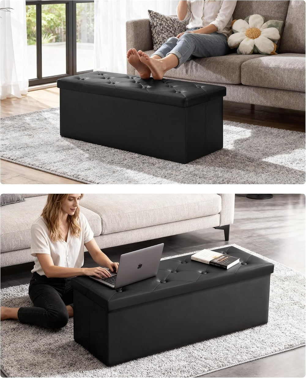 GLAXYFUR 43" Storage Ottoman Bench, Folding Ottoman with 2 Dividers, Bla...