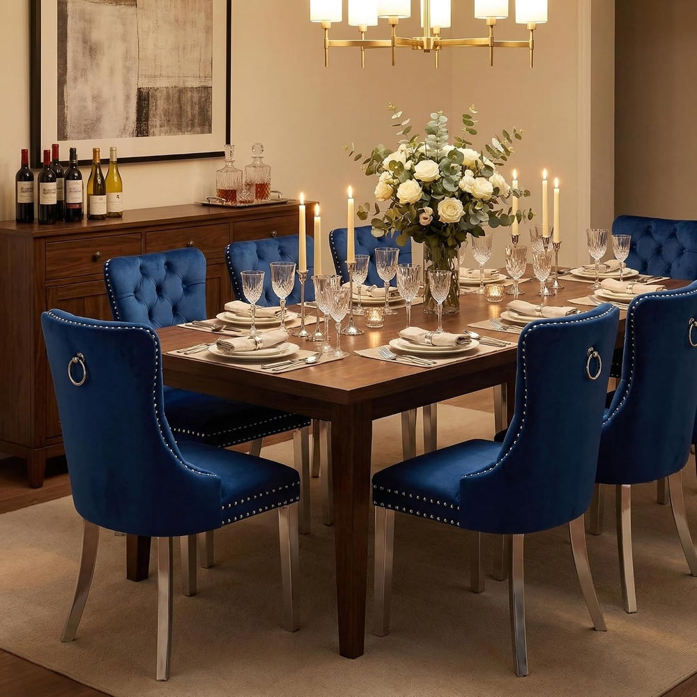 OVENTA Modern Tufted Upholstered Dining Chairs Set of 6, Navy Blue Velvet Din...