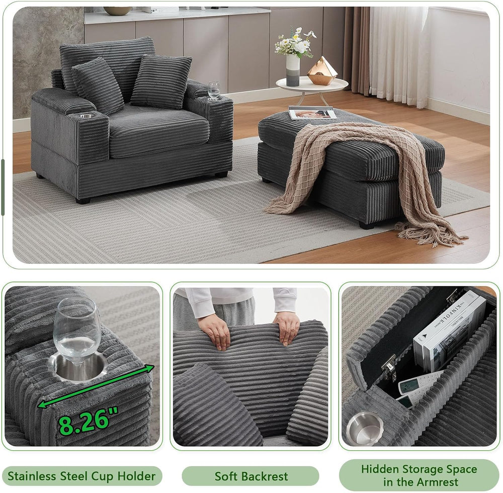Oversized Corduroy Chaise Lounge Chair Indoor with Storage and Ottoman, Sleep...