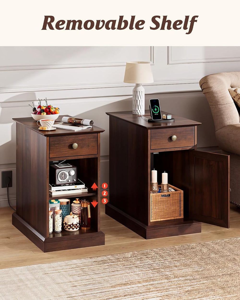 WLIVE End Table with Charging Station, Narrow Sied Table with Drawer & Ca...
