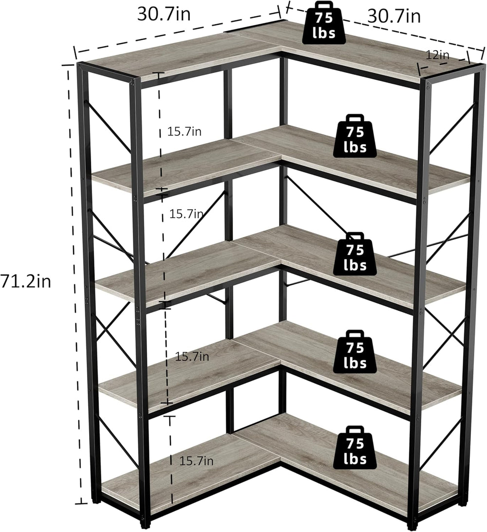Shintenchi 5 Tier Corner Bookshelf, L Shaped Large Bookcase, Grey