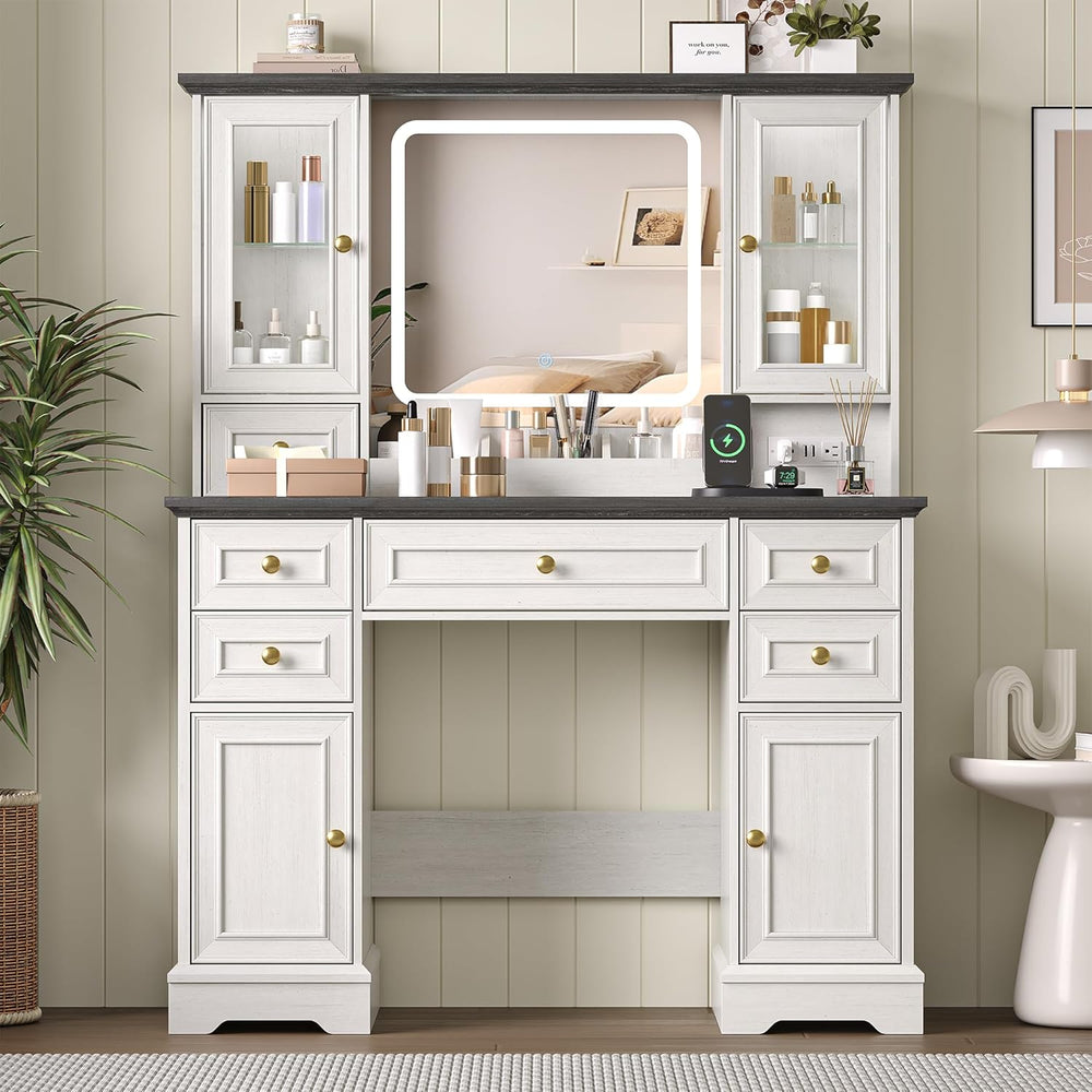 HUANLEGO Farmhouse Makeup Vanity Desk with Mirror and LED Lights, White | Van...