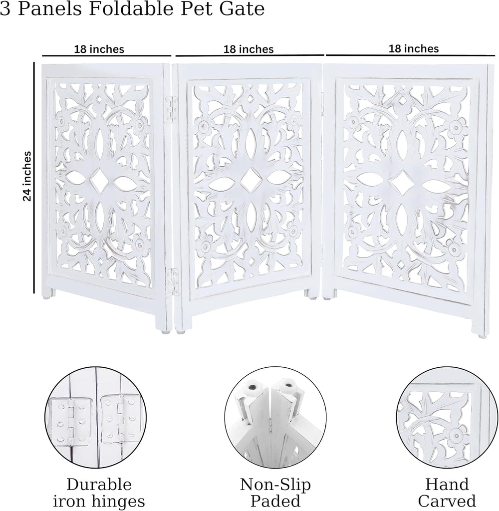 Lightnpro Wooden Pet Gate – Decorative Carved Foldable Dog Fence, Extra-Wide ...
