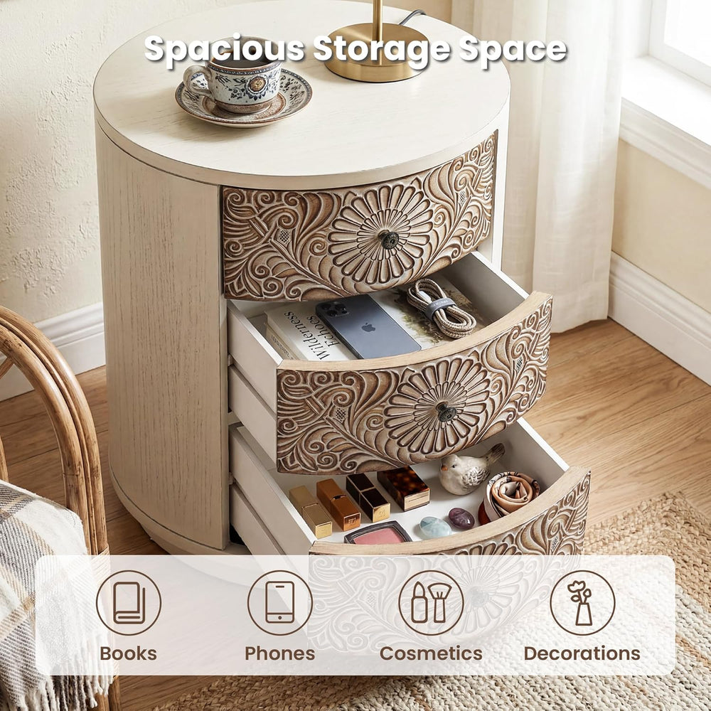 HOMPUS Round End Table Set 2, Fully Assembled Nightstand w 3 Storage Drawers,...