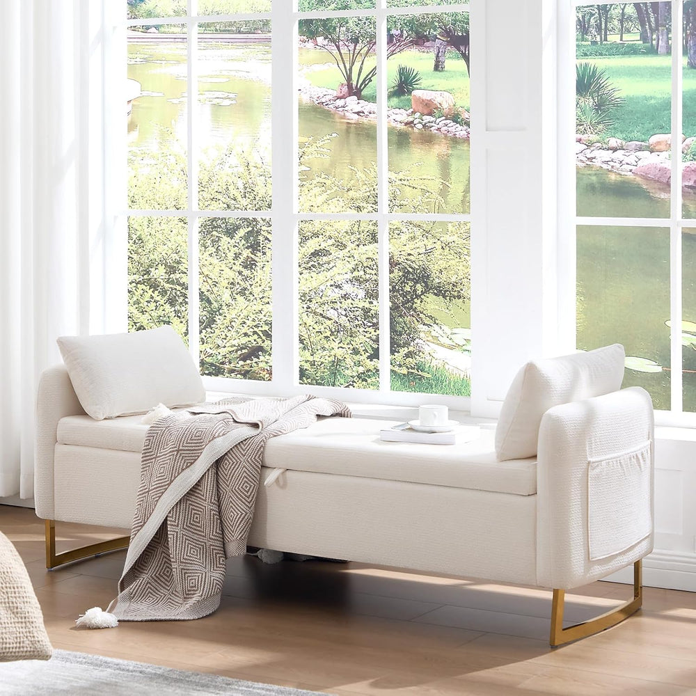 Storage Bench for Bedroom, 65 Inch End of Bed Storage Bench Cream | Chenille ...