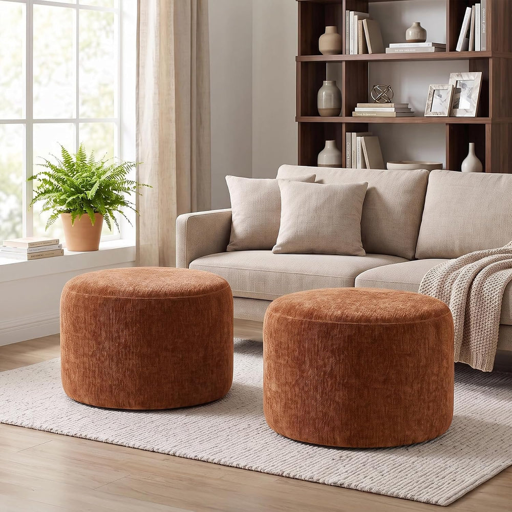 Upholstered Round Pouf Ottoman, Modern Footstool, Orange-Brown | Small Chenil...