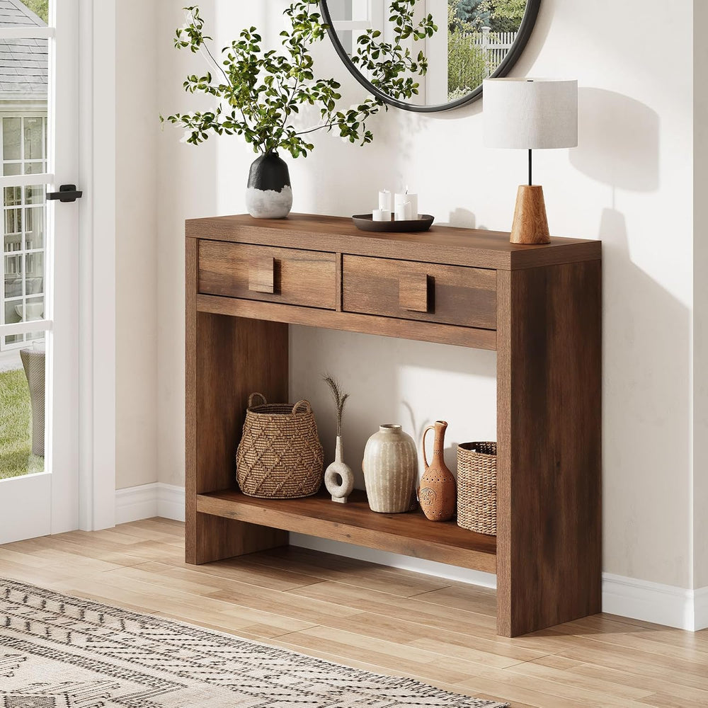 ONBRILL 40 Inch Narrow Console Table with Drawers and Open Shelves