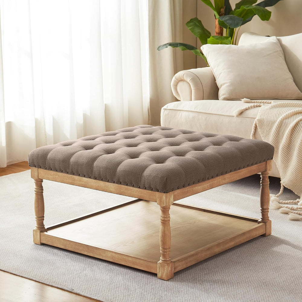 HUIMO 33-inch Square Ottoman Coffee Table, Large Storage Ottoman (Brown) | Tu...