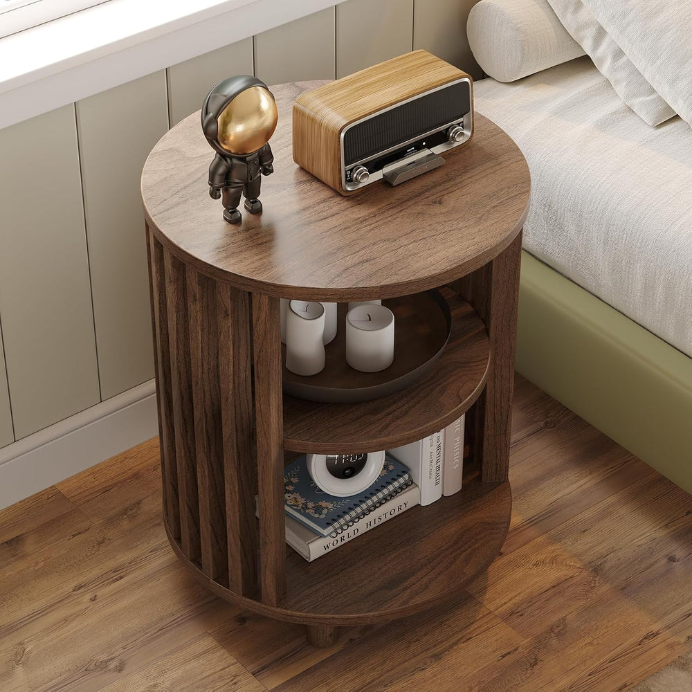 Round End Table Set of 2,Wood Side Tables for Living Room,Walnut