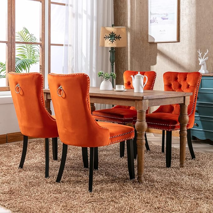 Modern Dining Chairs Set of 6, Tufted Upholstered Dining Chair with Solid Woo...