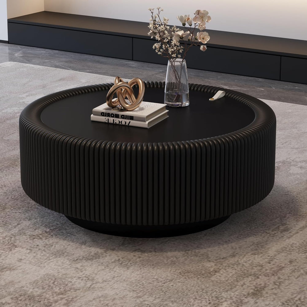 Round Coffee Table, Modern Black Coffee Table with Hidden Storage,Tempered Gl...