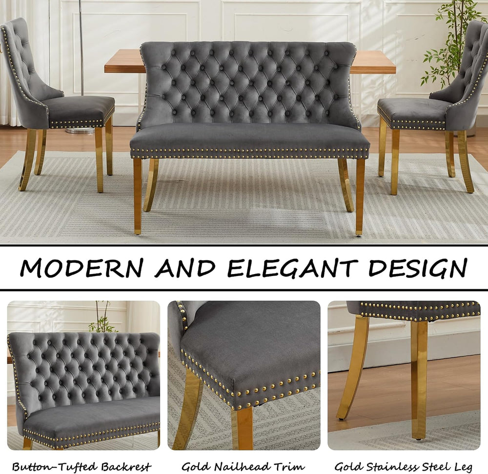 Velvet Upholstered Dining Bench with Back, 45.6'' Tufted Loveseat Ben...