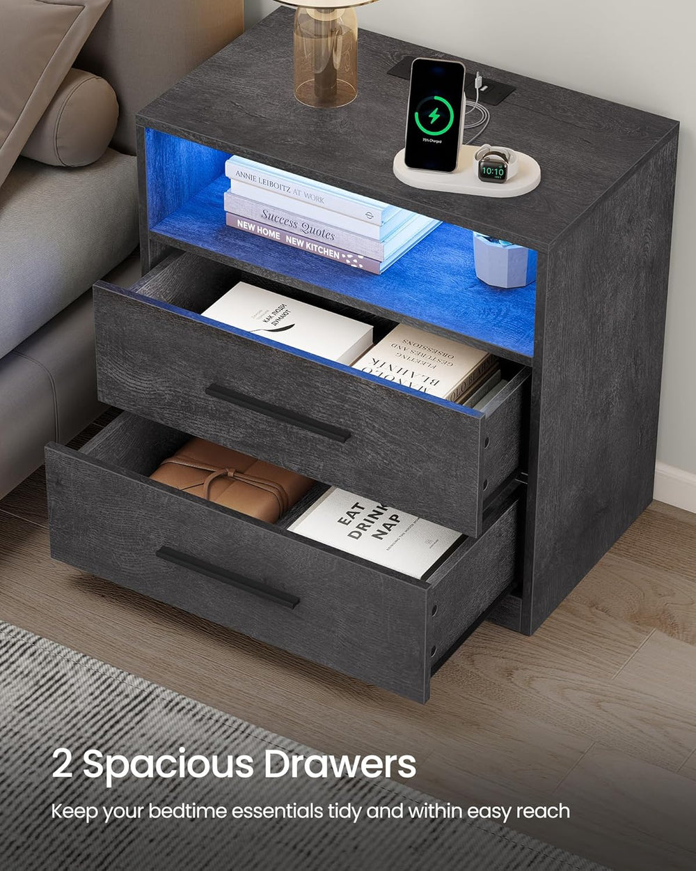 VASAGLE 23.6‑Inch Wide Nightstands, Set of 2, LED Lights, 2 Drawers