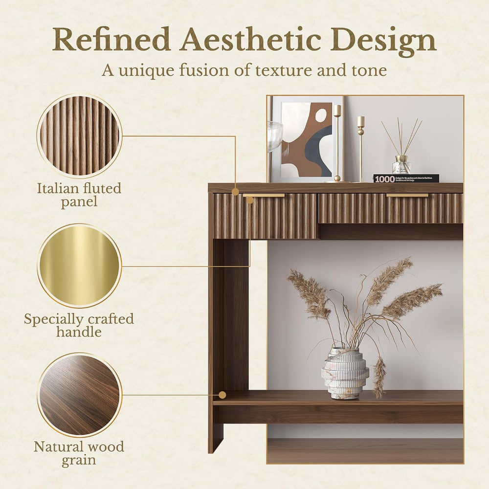 Entryway Console Sofa Table with 3 Drawers, Black Walnut | Fluted Entryway Ta...