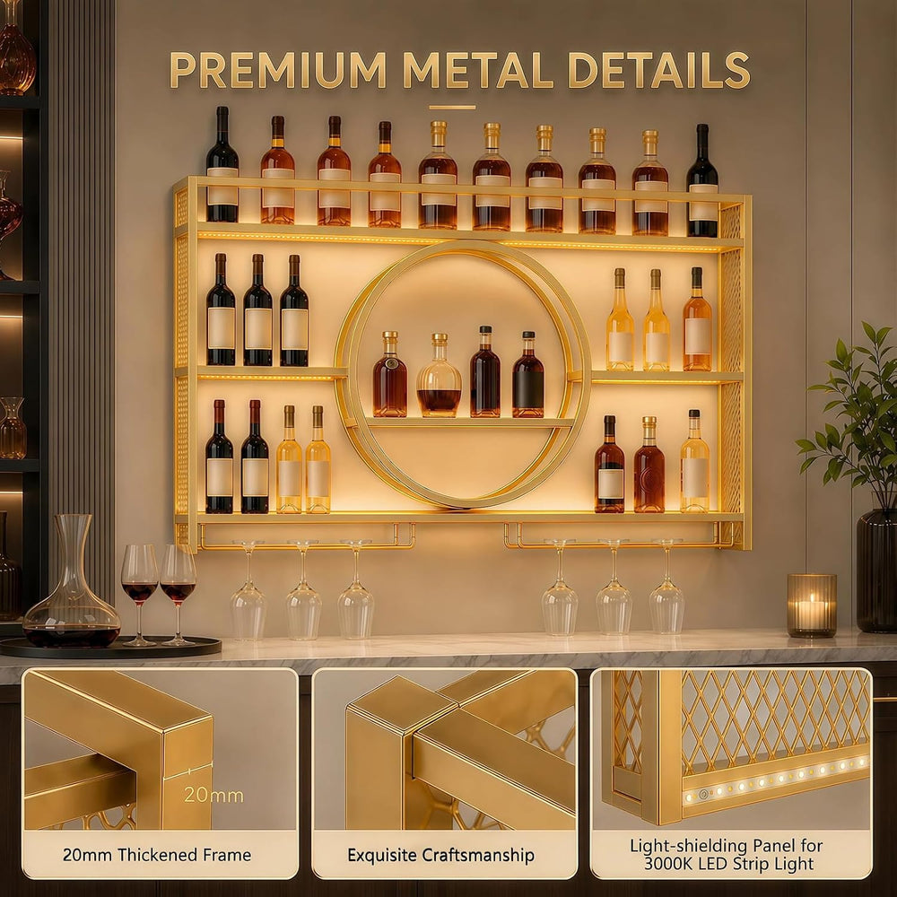 Wine Rack Wall Mounted with LED Lights - with Glass Holder, Gold | 3 Tier Met...