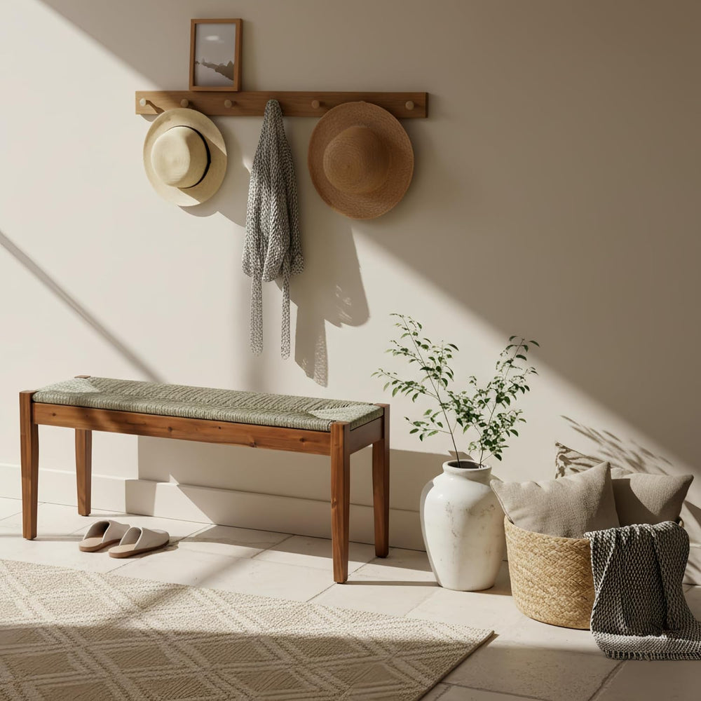 Solid Wood Acacia Indoor Bench with Natural Woven Seat, 45 Inch Wood Bench fo...