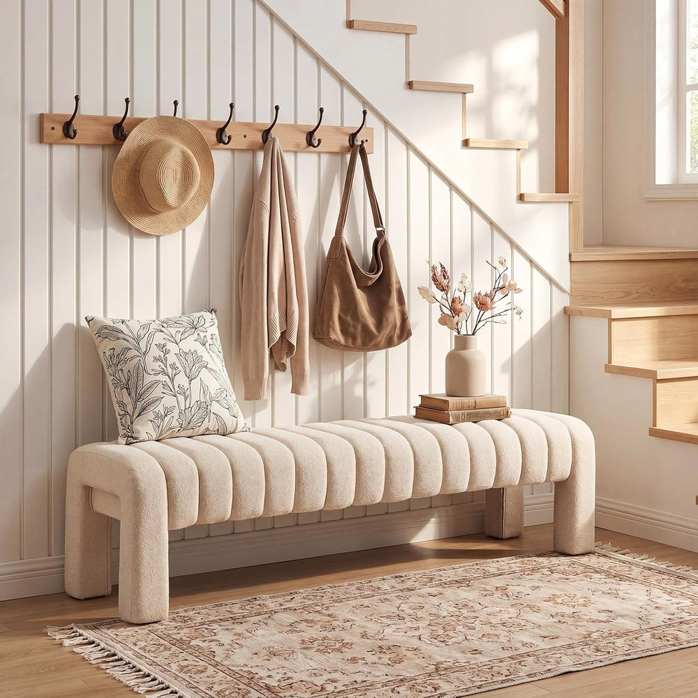 63’’ Bedroom Bench, Upholstered End of Bed Bench with Solid Wood Legs, Modern...