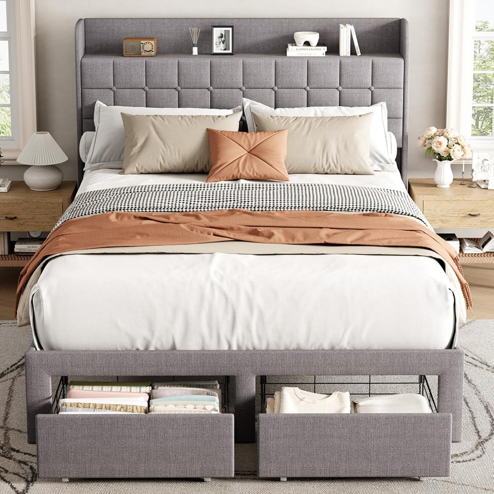DUMOS Full Bed Frame, Upholstered Platform Bed Frame with Storage Drawers