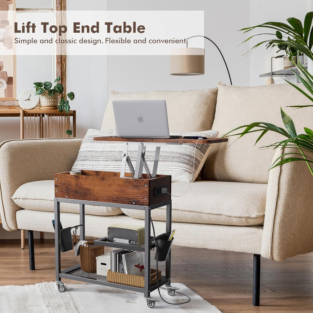 Colima Lift-Top Side Table with Charging Station - Mobile End Table with USB ...