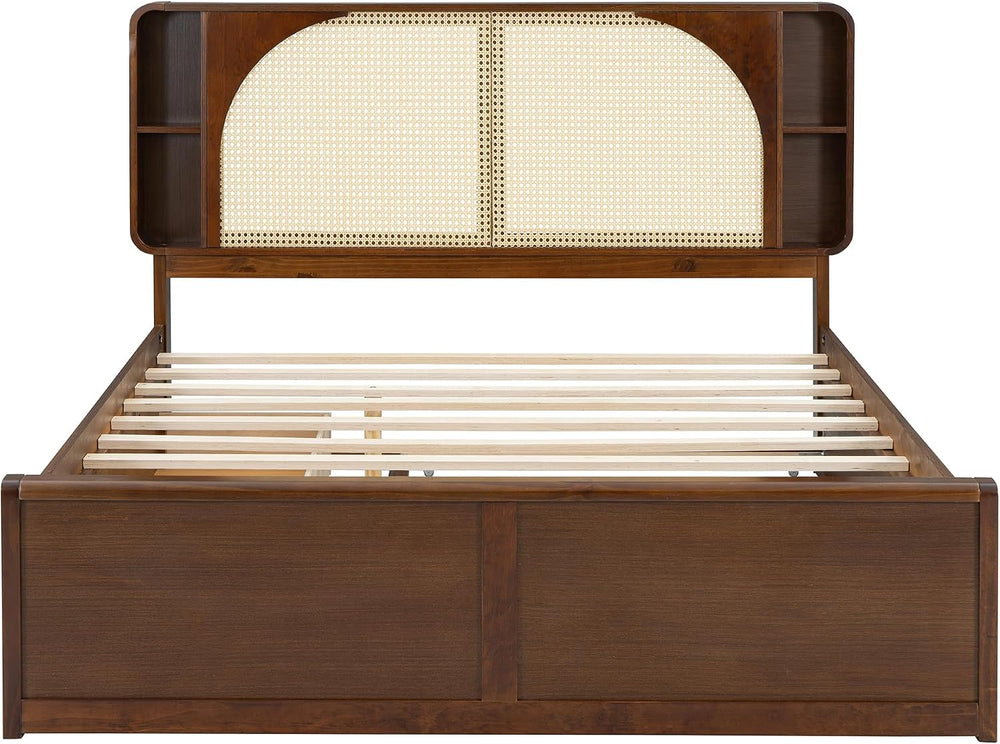 SOFTSEA Queen Size Rattan Bed with Trundle and 2 Drawers, Elegant Traditional...