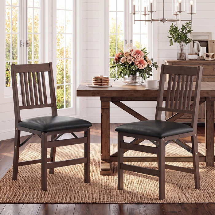 Wooden Folding Dining Chairs Set of 2 with Leather Cushion, Pre‑Assembled