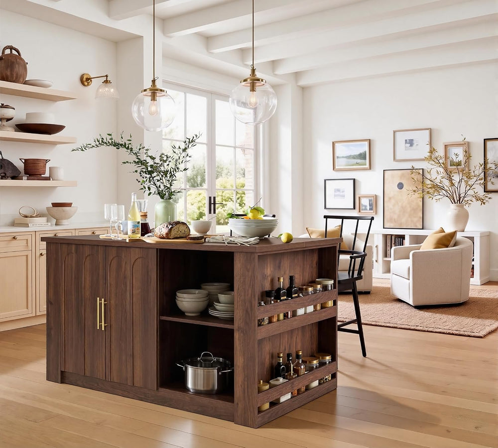 FORTUNETEC 62.9" Large Kitchen Island with Storage, Arched Doors, Walnut...