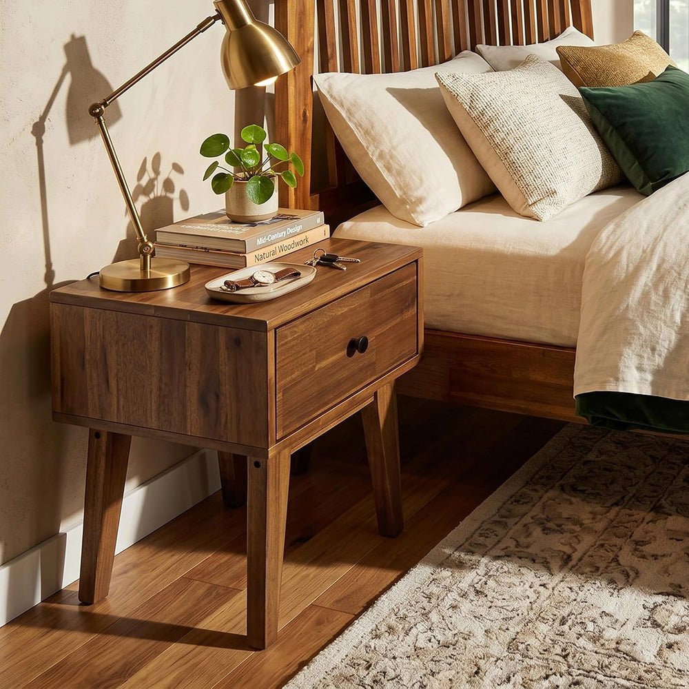 Acacia Sofia Nightstand with Drawer, Bedside Table, Solid Wood Bedside End Ta...