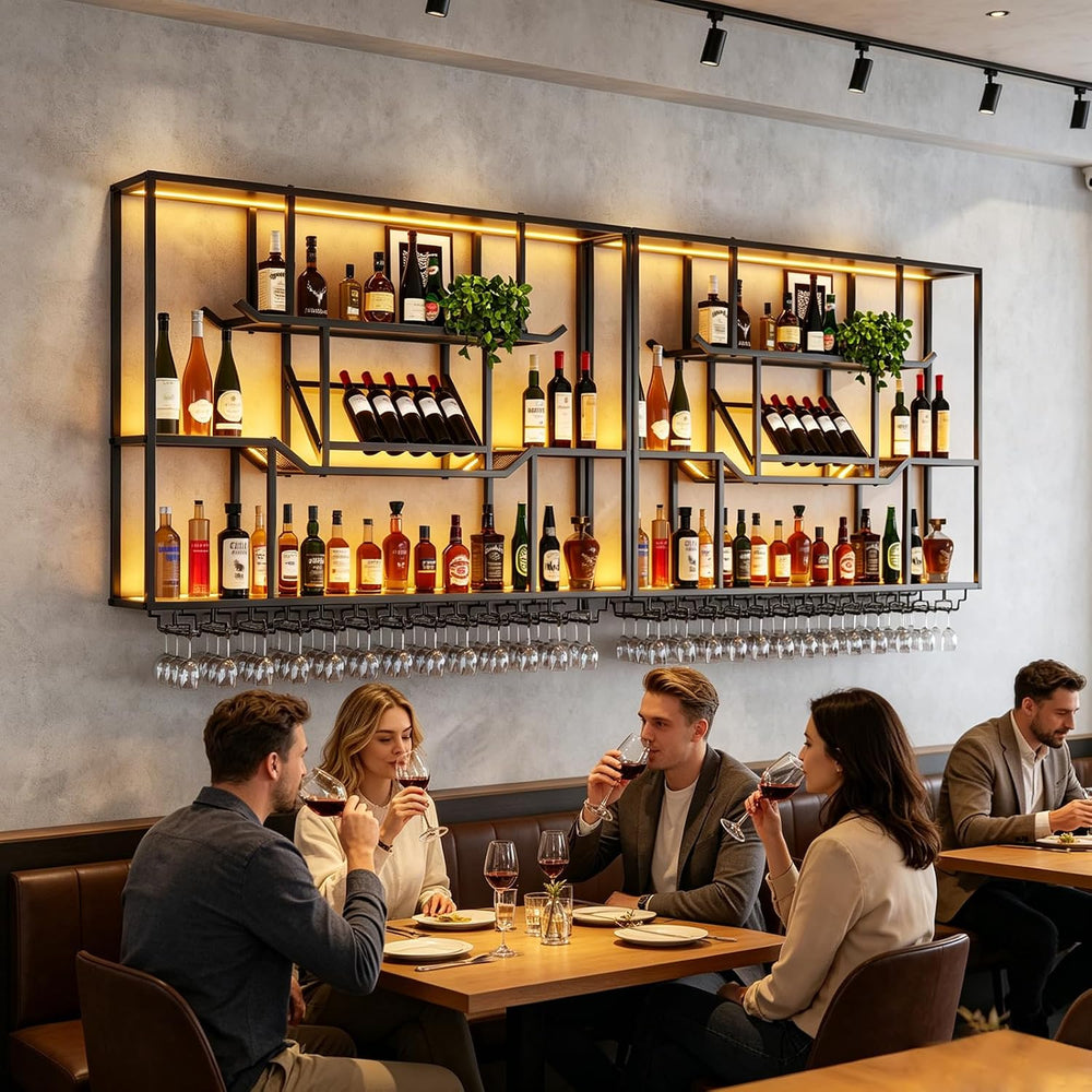 63-inch LED Wall Wine Rack, Modern Metal Display Rack for Bar | With 3 floati...