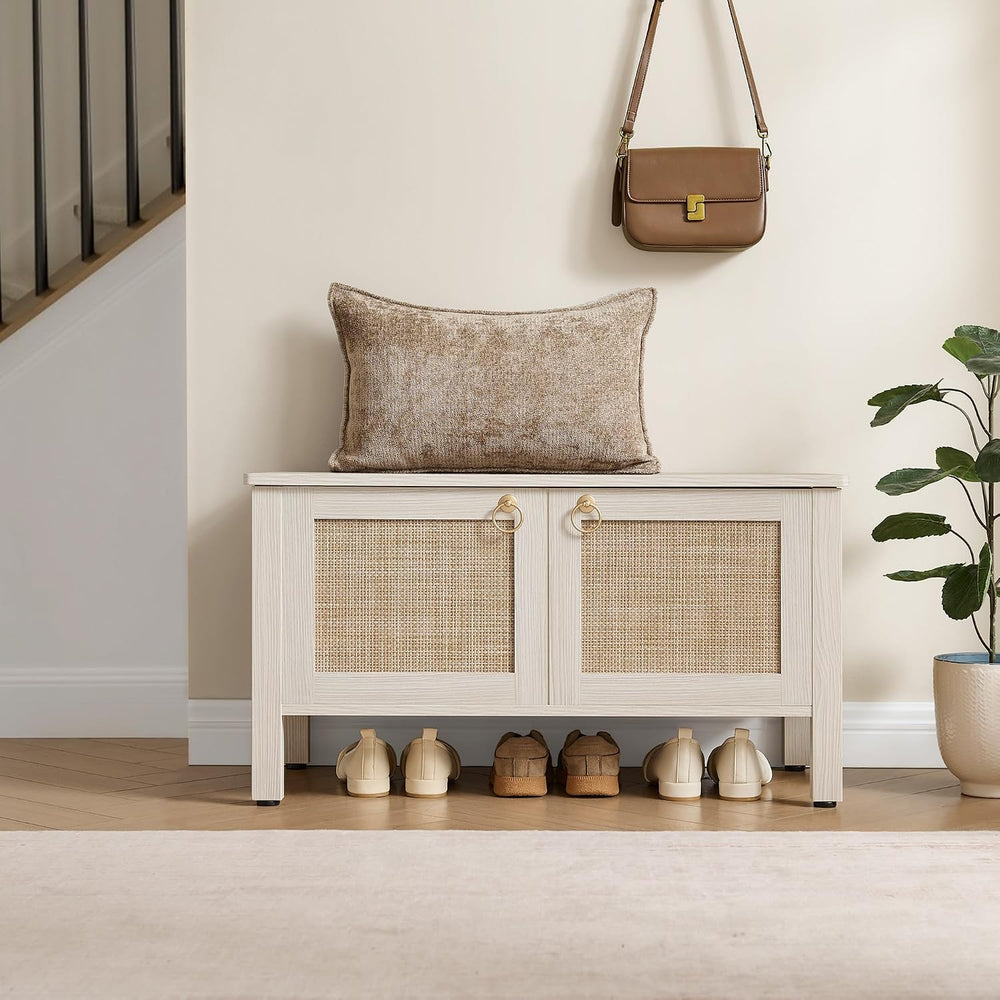 SICOTAS Rattan Shoe Rack Bench with Lift Top Storage: White Farmhouse Boho Sh...