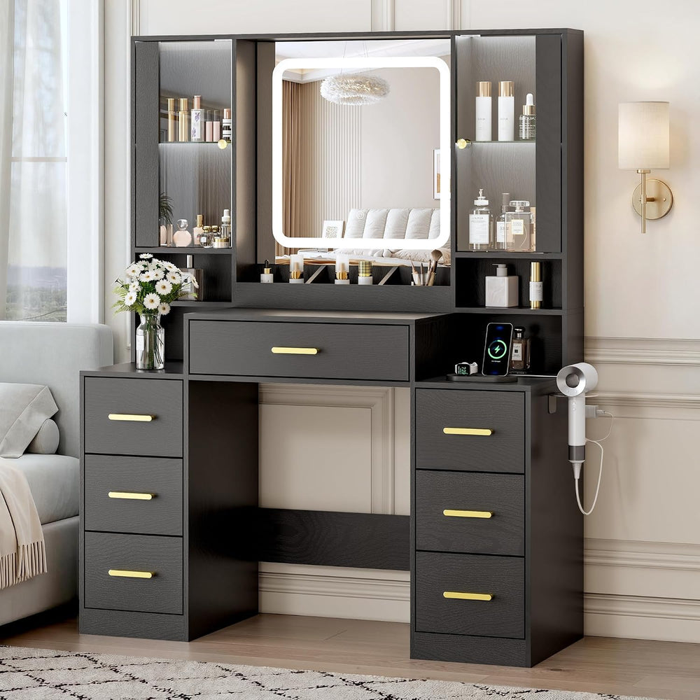 BORNOON Vanity Desk with Mirror and Lights, Makeup Vanity with 7 Drawers, 2 G...