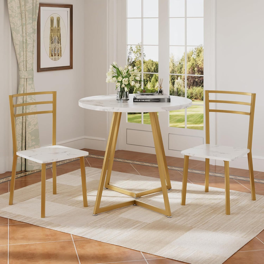 VECELO Small Round Dining Table Set for 2, Wood Tabletop with Strong Metal Fr...