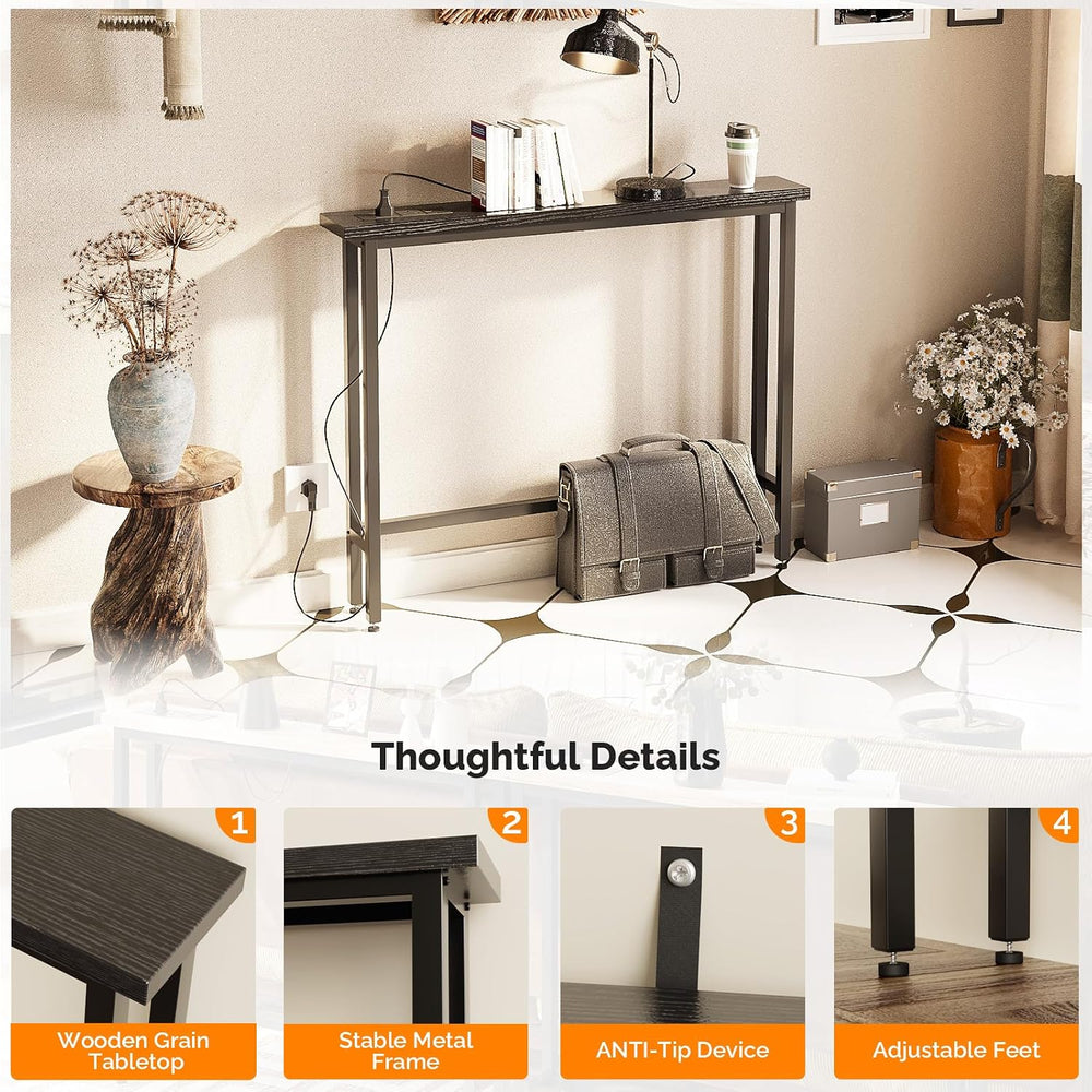 VINGLI 39" Console Table with Charging Station, 5.9" Narrow Sofa Ta...