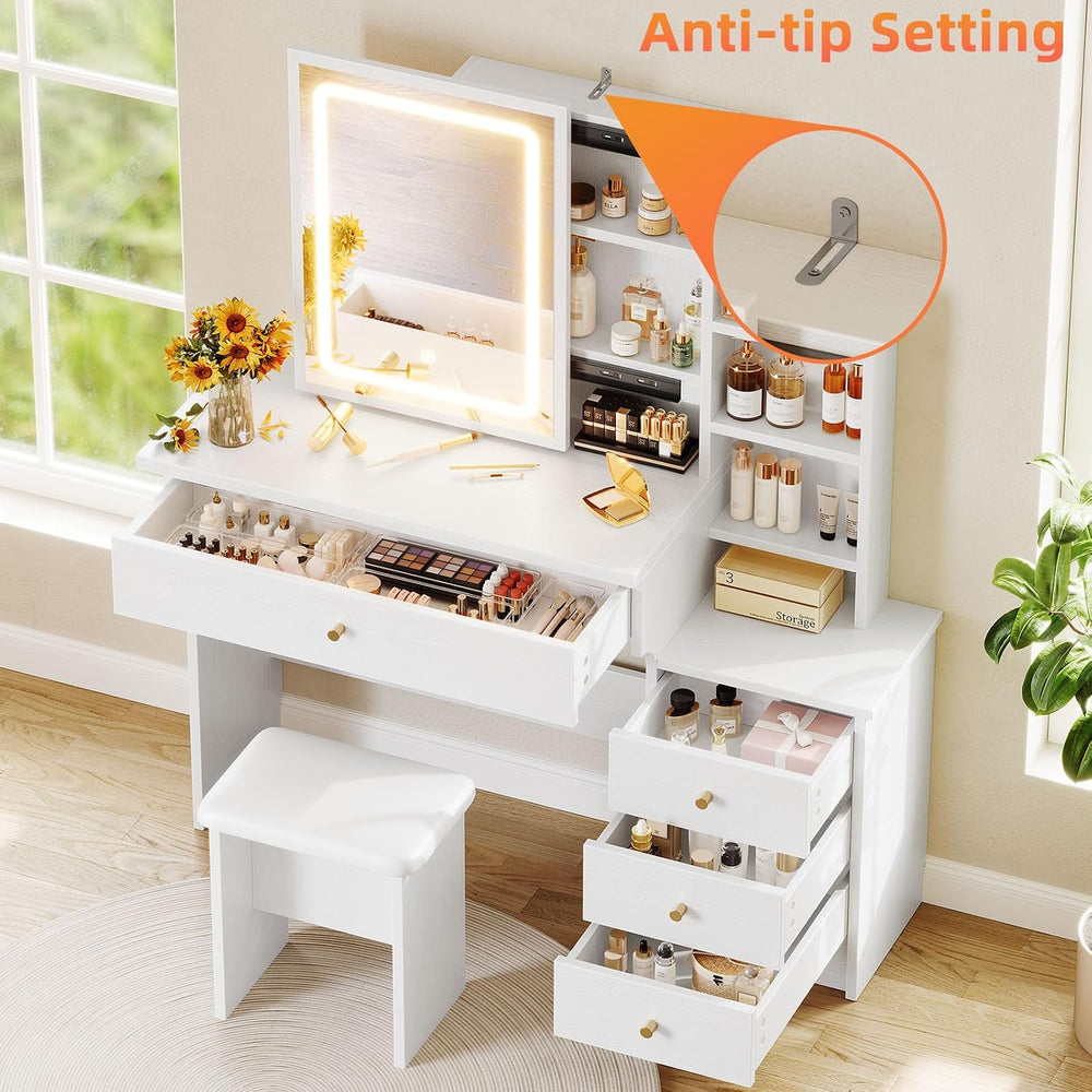 Memobarco White Makeup Vanity Desk with Sliding Mirror & 4 Drawers | Smar...