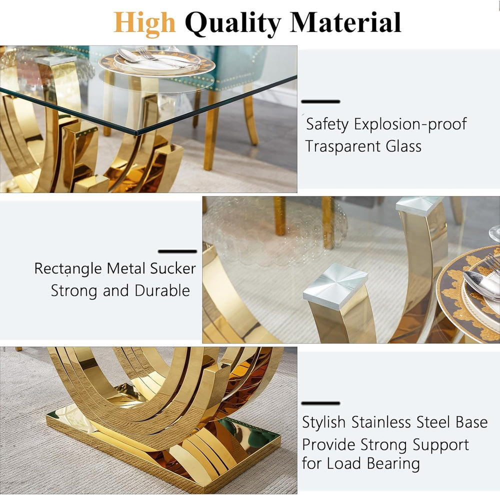 70 inch Tempered Glass Dining Table, Rectangular Glass Kitchen Table with Gol...