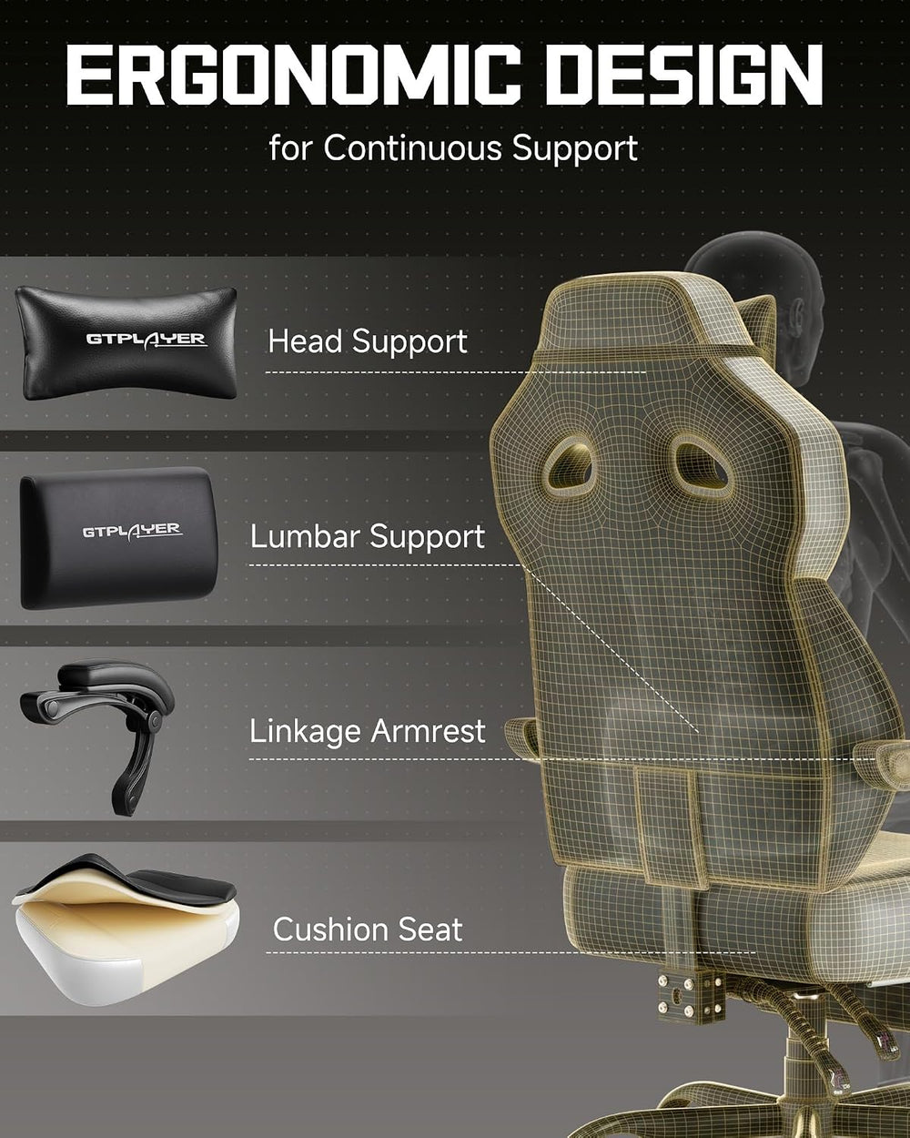 GTPLAYER Big & Tall Gaming Chair, Wide Seat with Footrest, Jet Black | Er...
